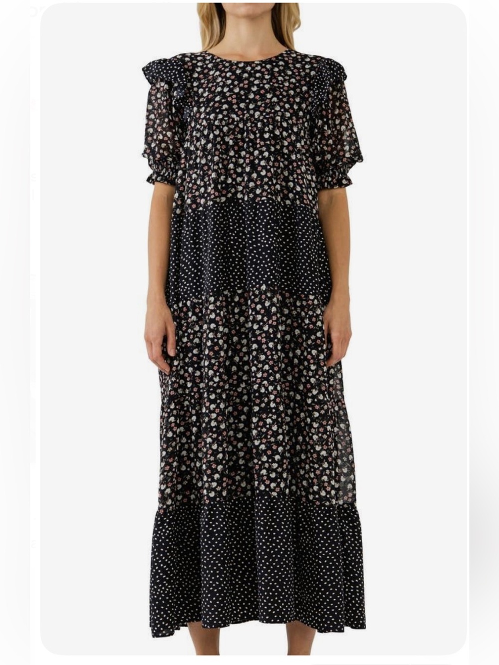 Free the roses black floral polka dot tiered maxi dress BNWOT size large - Picture 1 of 7